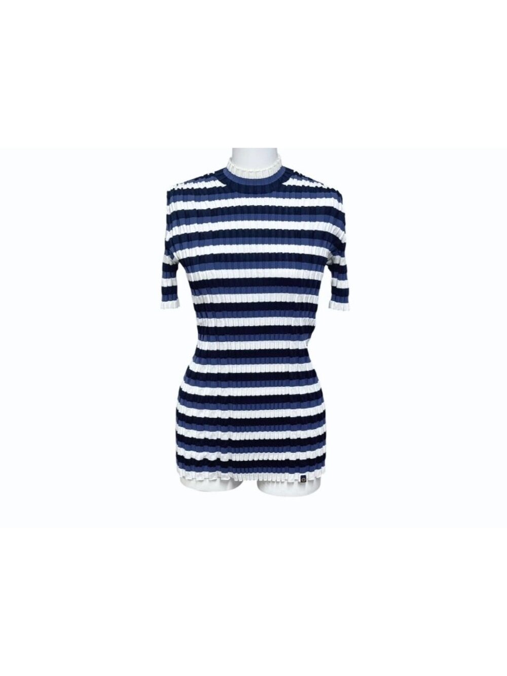 Louis Vuitton Border Rib Knit Short Sleeve Top Blue White Sweater